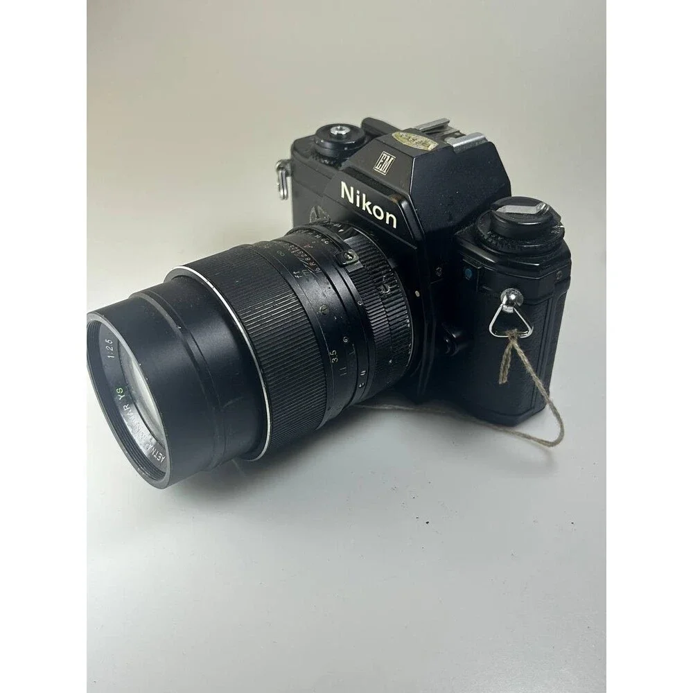 UNTESTED AS IS Nikon EM 35mm SLR Film Camera with Aetna Rokunar YS 135mm f/2.8 L
